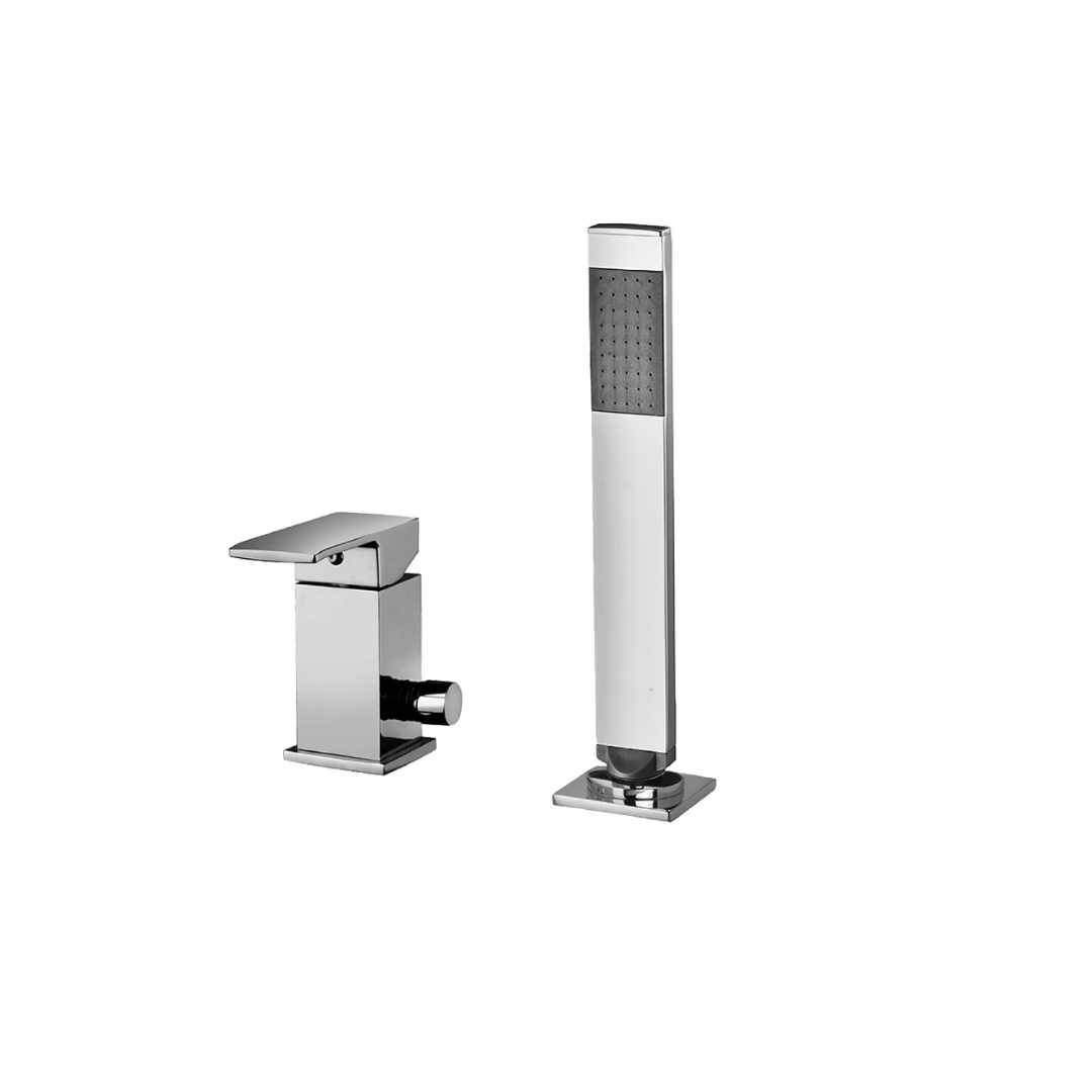 Two-hole square bath mixer in chrome, with hand-shower and filler via overflow
